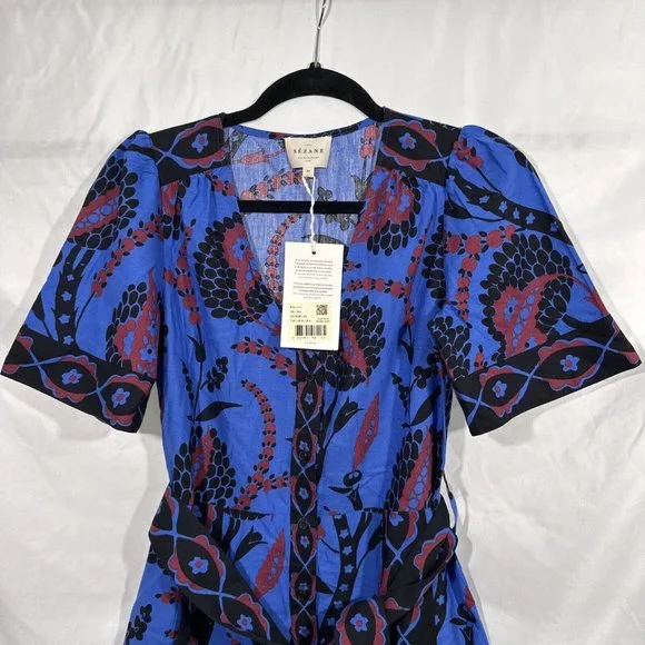 NWT Sezane [ 4 US / 36 ] Lola Printed V Neck Mini Dress in Atla Beue #Q374 - Picture 7 of 16